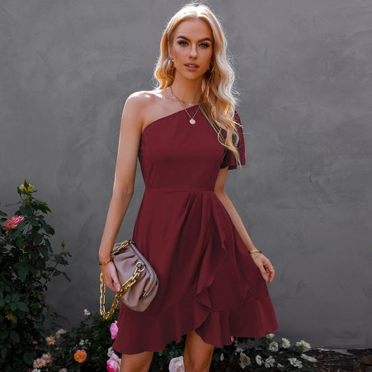 Kaine Satin One Shoulder Ruffle Dress - Red - FINAL SALE