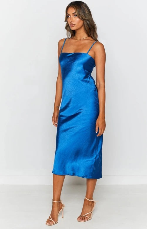 Night To Remember Satin Maxi Dress - Robin Blue