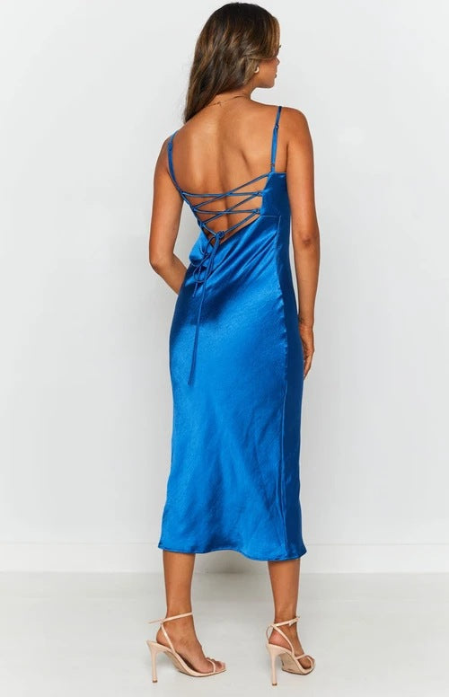 Night To Remember Satin Maxi Dress - Robin Blue