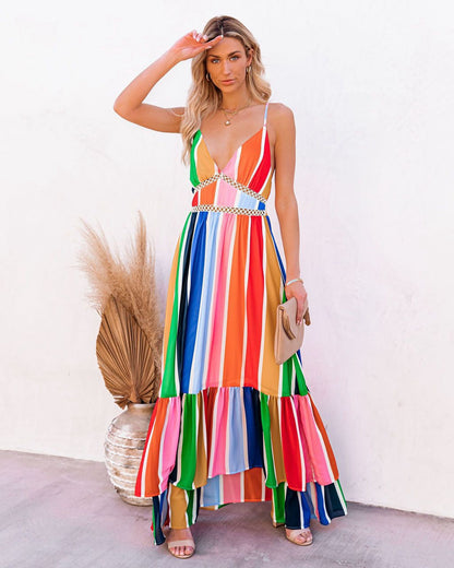 Fiesta To Siesta Crochet Striped Maxi Dress - Yellow Orange Multi