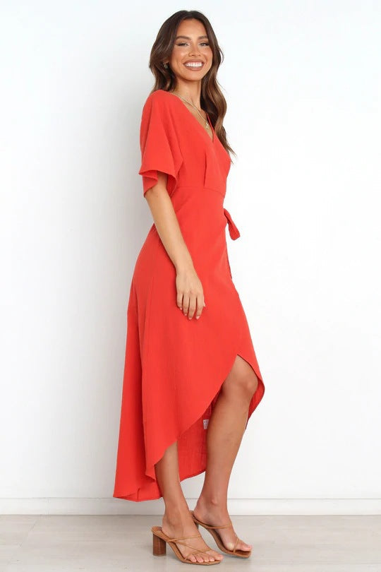 Santos Ruffle Wrap Midi Dress - Rust