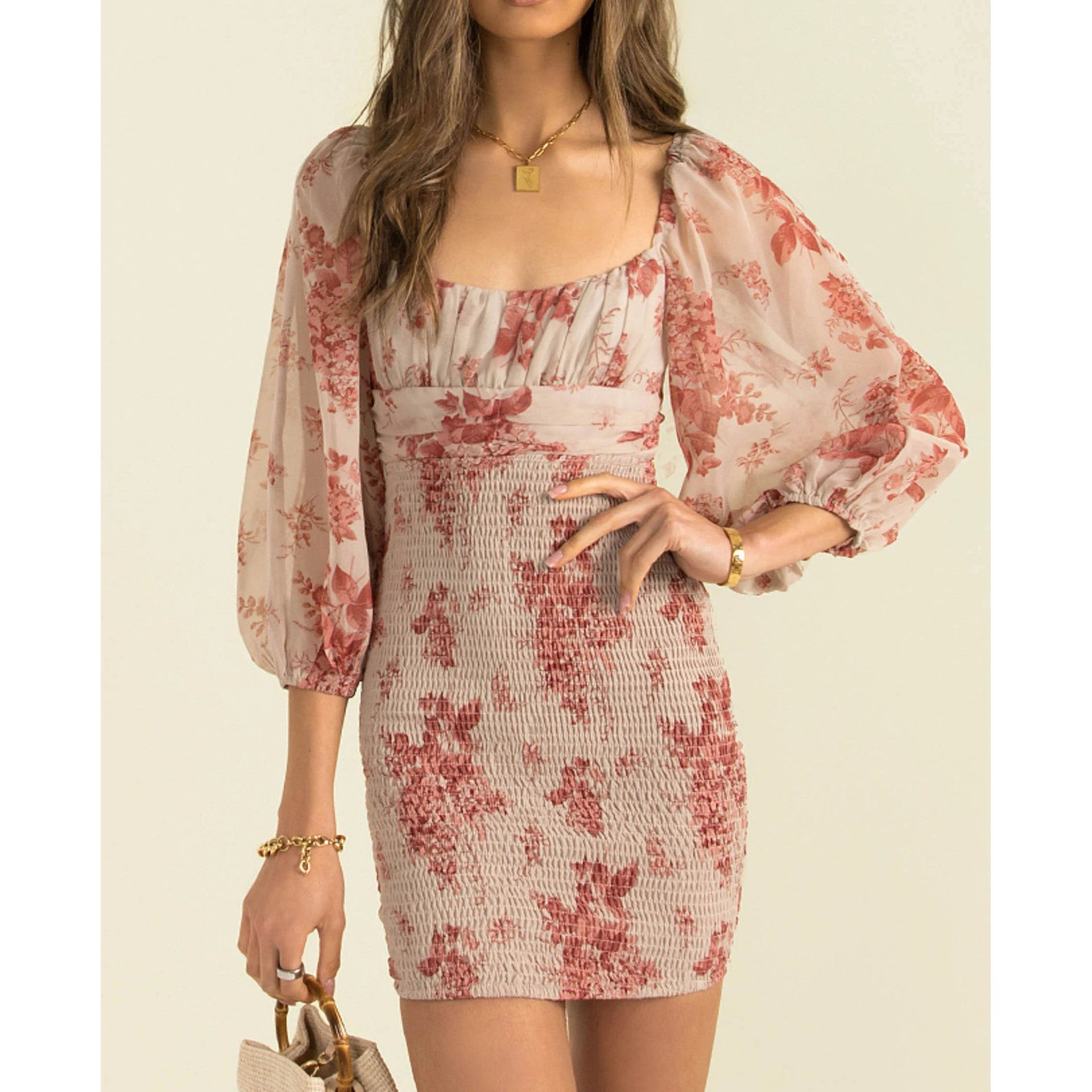 Emberly Linen Floral Puff Sleeve Mini Dress - Ivory Multi Ins Street