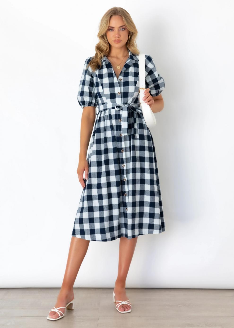 Saturn Pocketed Plaid Button Down Midi Dress