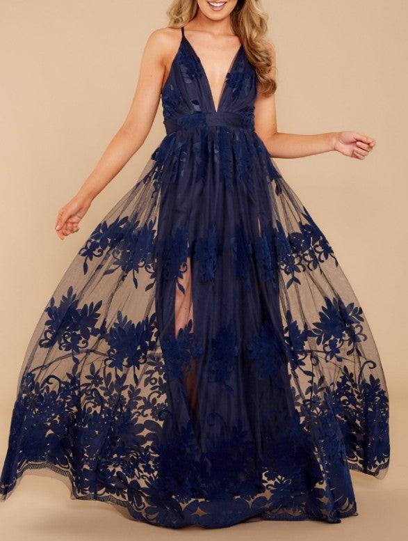 Crossing Paths Velvet Tulle Maxi Dress - Navy - FINAL SALE