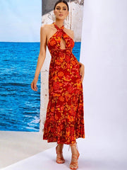 Plum Floral Backless Halter Mini Dress