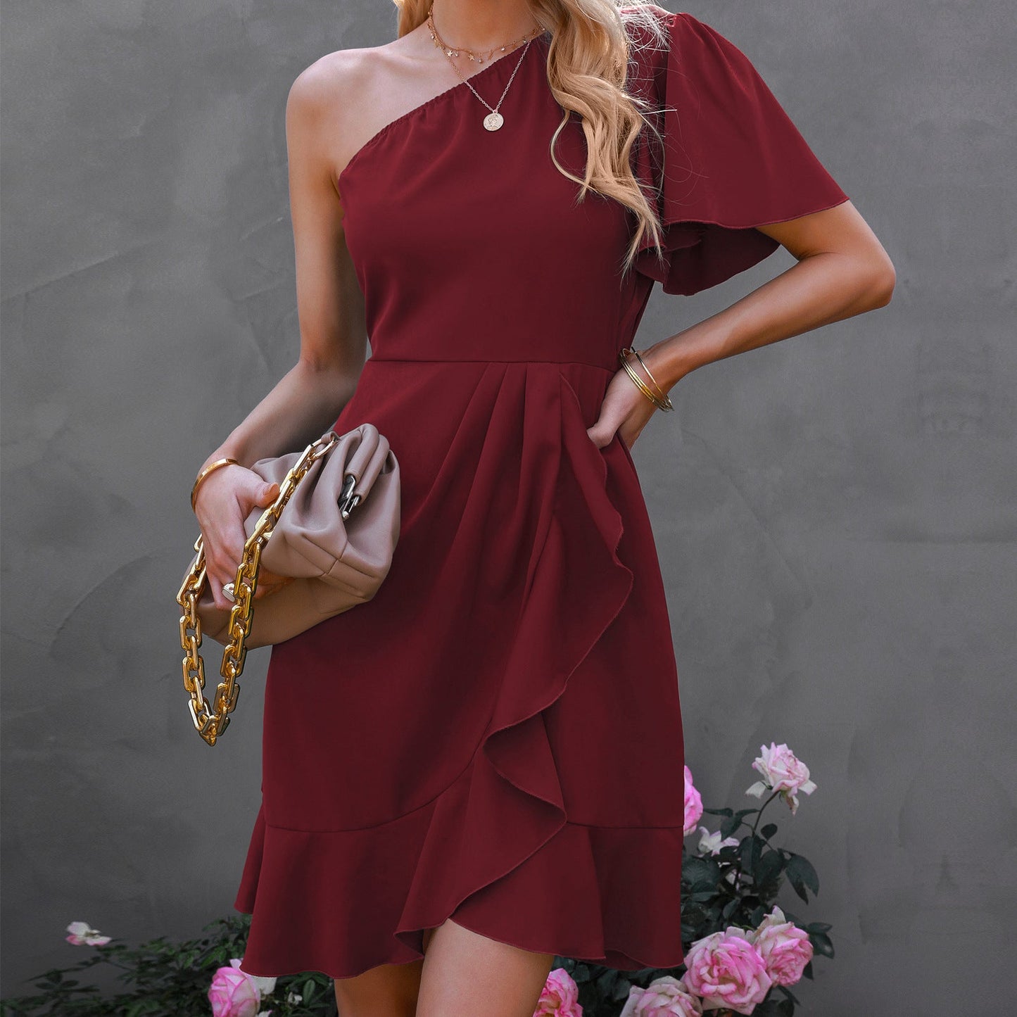 Kaine Satin One Shoulder Ruffle Dress - Red - FINAL SALE