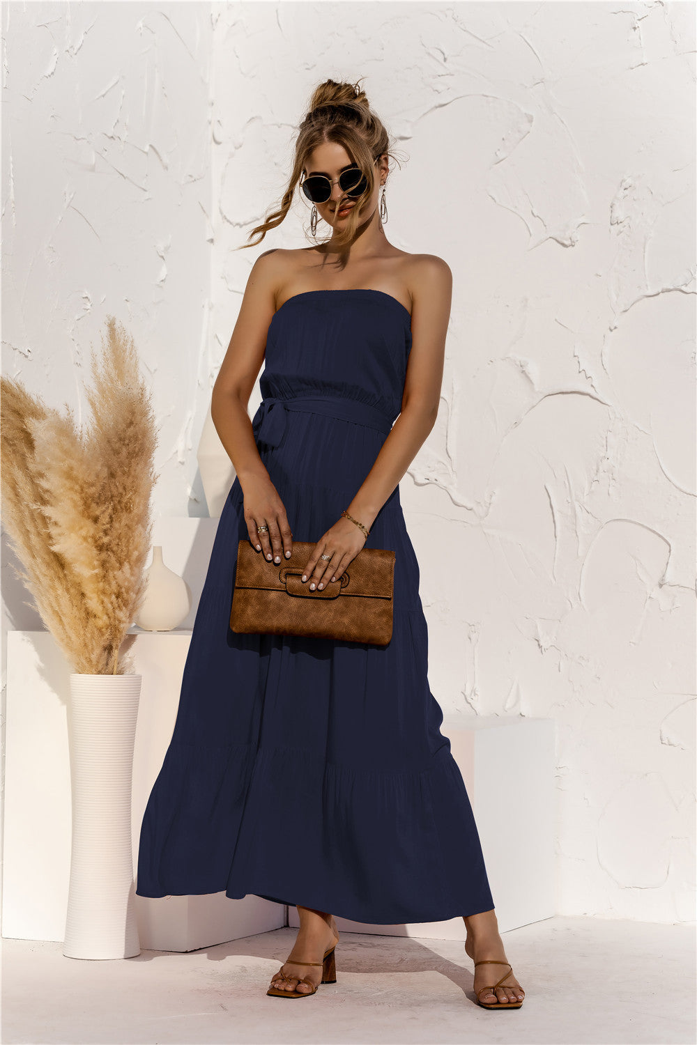 Free Falling Strapless Tiered Maxi Dress - Deep Navy