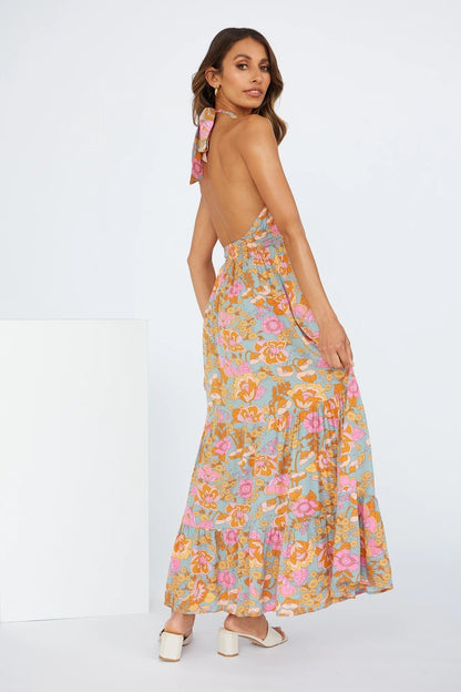 Love Games Printed Backless Halter Maxi Dress