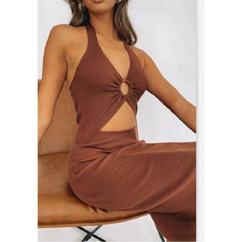 Cotton Cutout Halter Midi V-Neck Dress