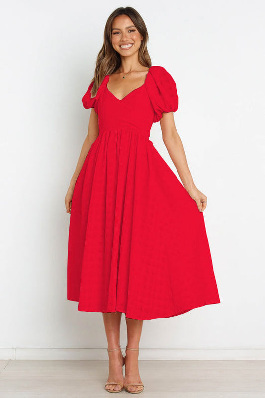 Samantha Puff Sleeve Midi Dress - Cherry Red