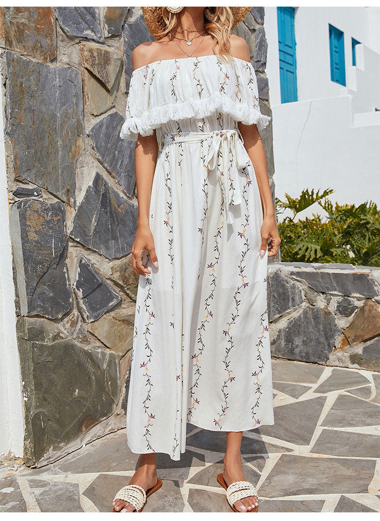 Villa Embroidered Off The Shoulder Chiffon Midi Dress