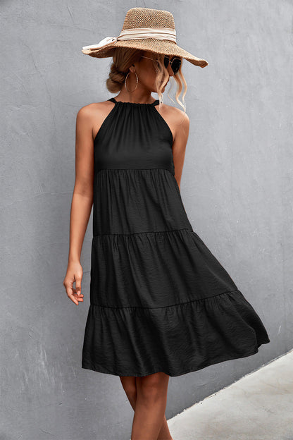 Southern Nights Tiered Halter Dress - Black