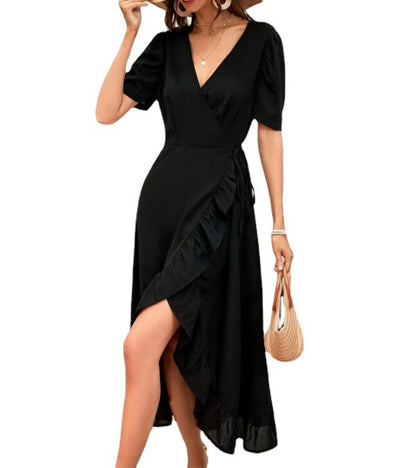 Red Carpet Ruffle Wrap High Low Maxi Dress - Black - FINAL SALE