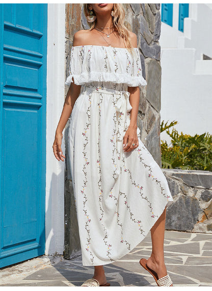 Villa Embroidered Off The Shoulder Chiffon Midi Dress