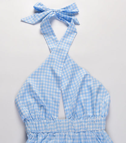 Pom Cotton Gingham Halter Midi Dress - Blue