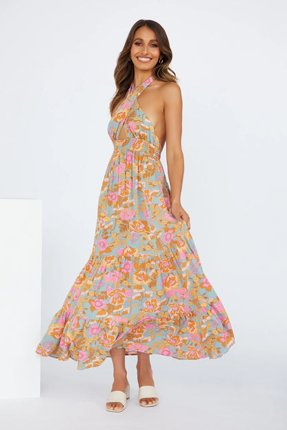 Love Games Printed Backless Halter Maxi Dress