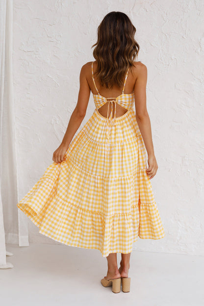 Kinslee Smocked Gingham High Low Maxi Dress - Yellow