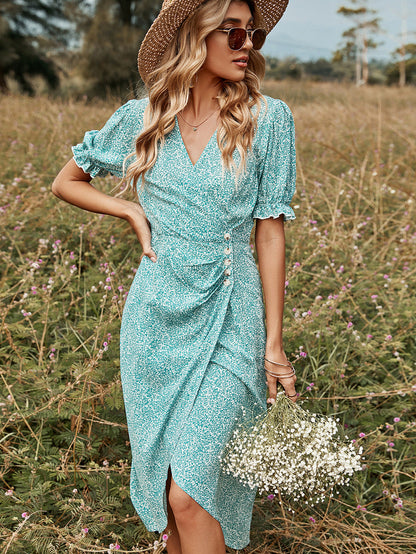 Vineyard Stroll Puff Sleeve Wrap Midi Dress