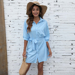 Kye Satin Striped Button Down Tie Dress