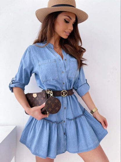 Dallas Puff Sleeve Denim Button Down Dress - Medium Indigo