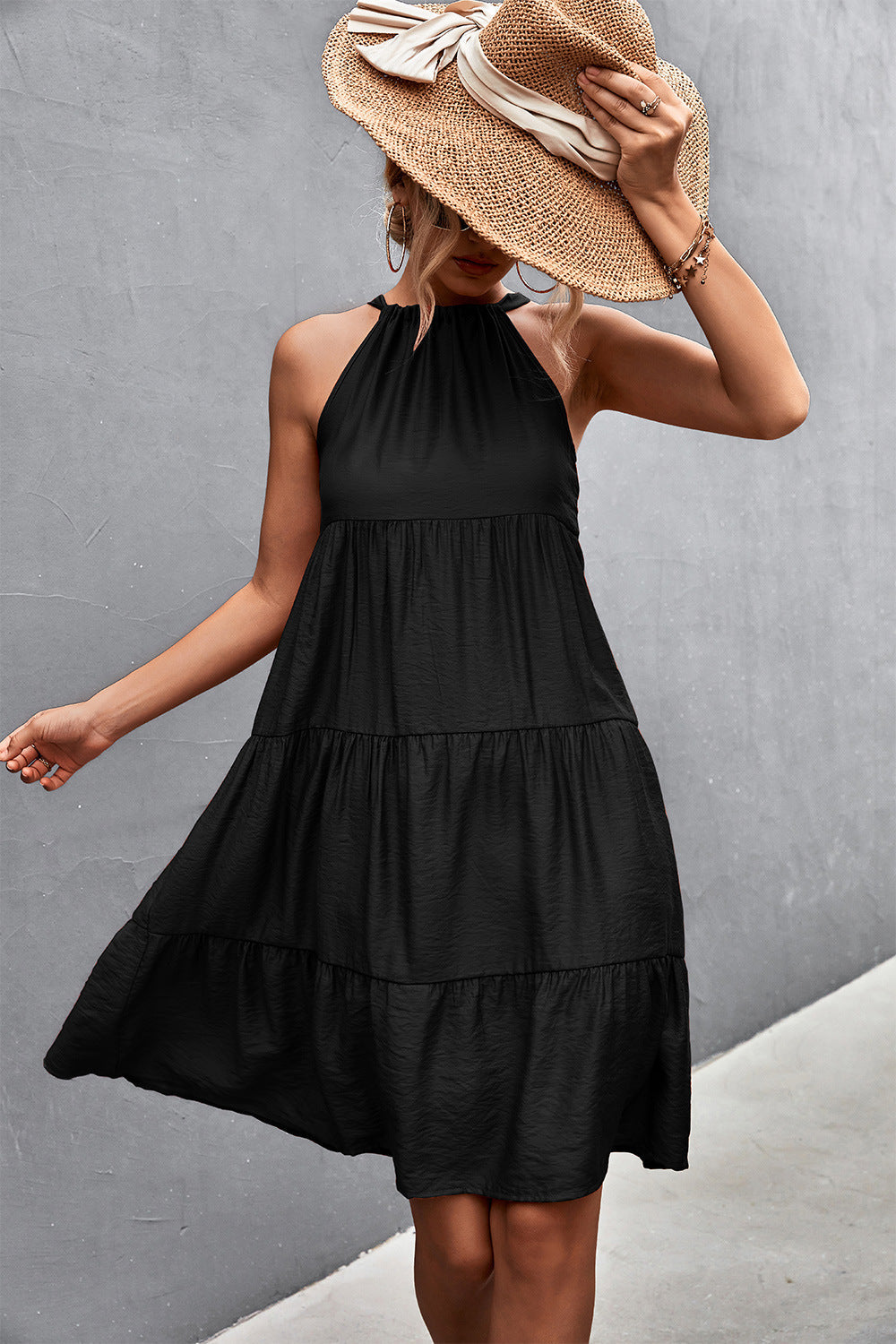 Southern Nights Tiered Halter Dress - Black