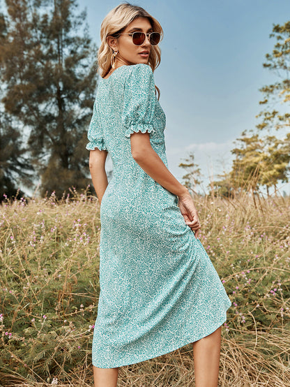 Vineyard Stroll Puff Sleeve Wrap Midi Dress