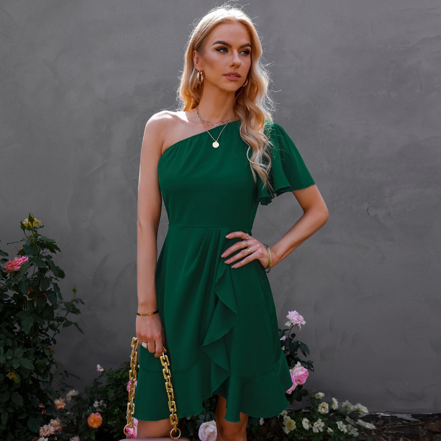 Kaine Satin One Shoulder Ruffle Dress - Hunter Green - FINAL SALE