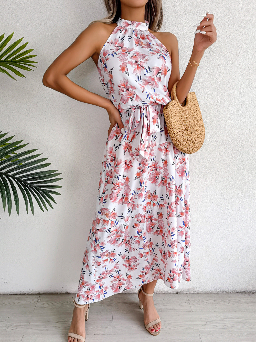 Sure Thing Floral Chiffon Halter Maxi Dress - Cream - FINAL SALE