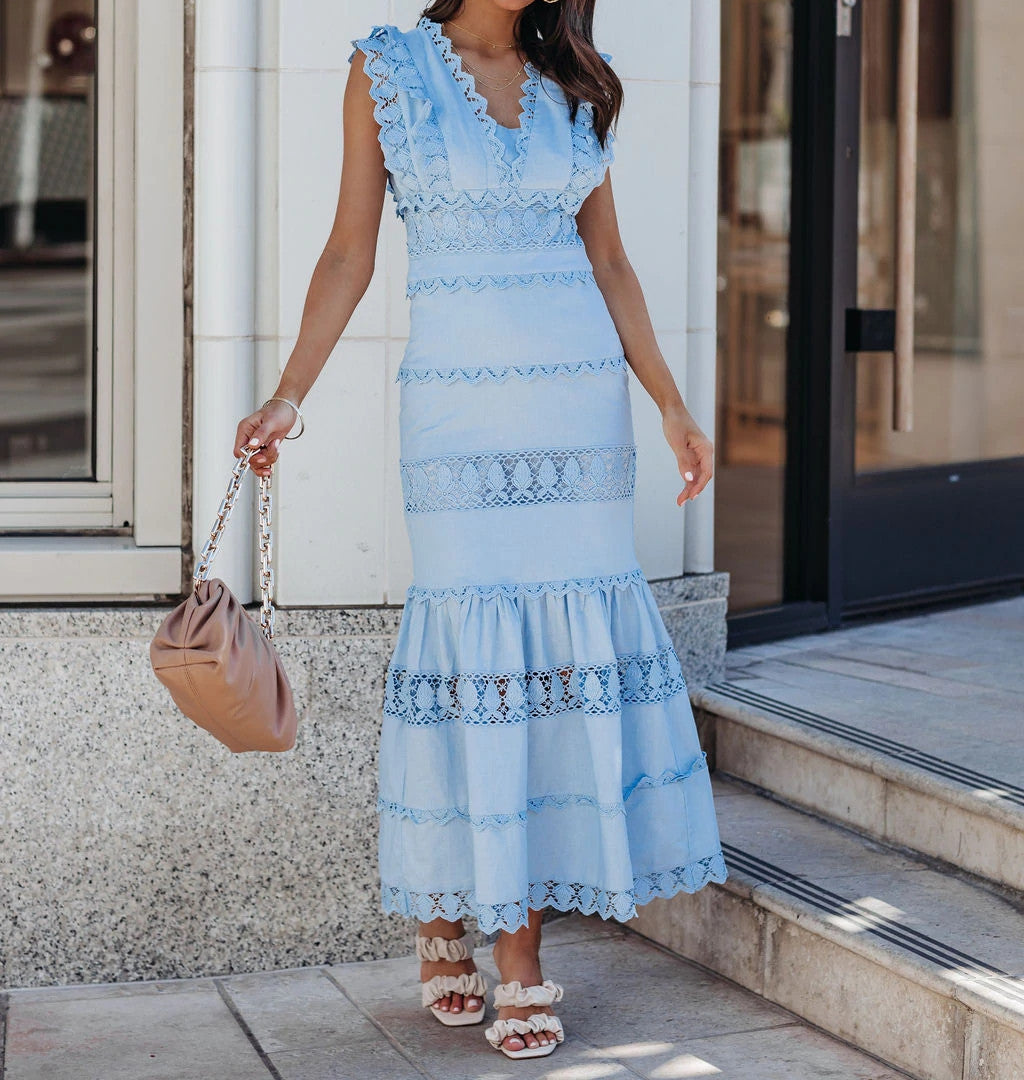 Jade Cotton Eyelet Tiered Maxi Dress - Chambray - FINAL SALE