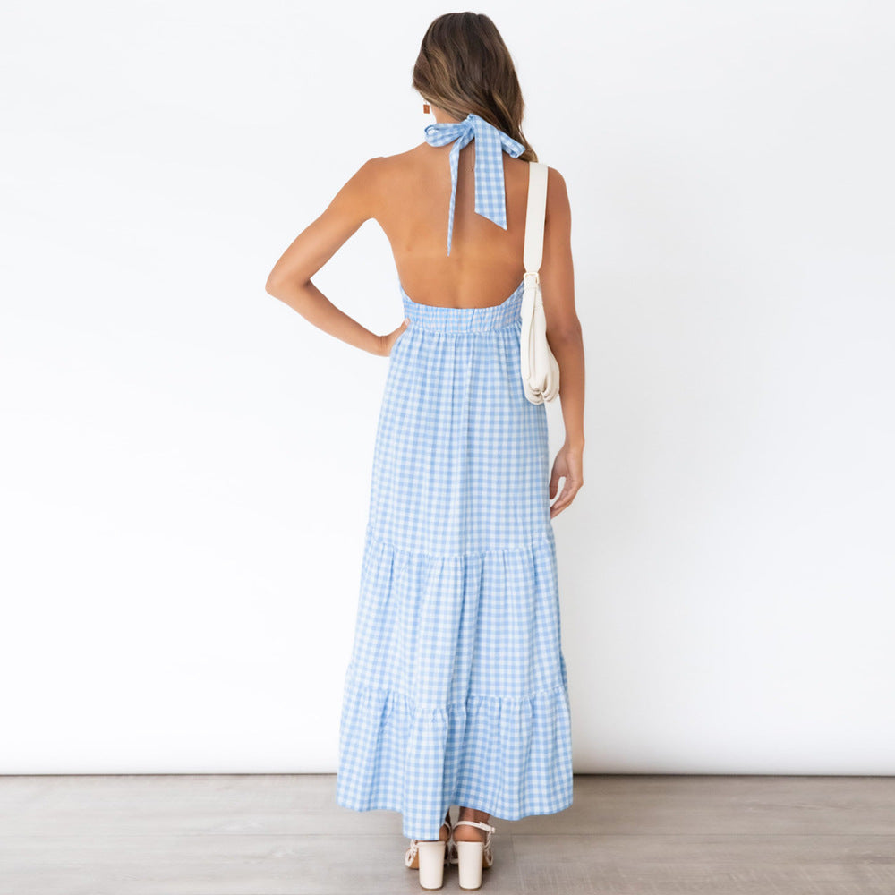 Pom Cotton Gingham Halter Midi Dress - Blue