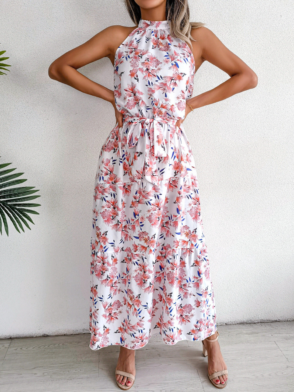 Sure Thing Floral Chiffon Halter Maxi Dress - Cream - FINAL SALE