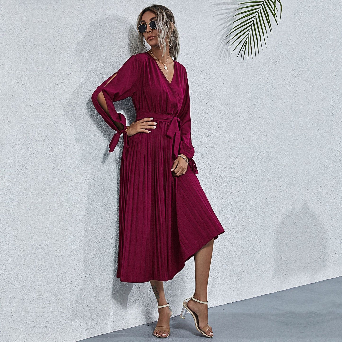 Josefa Satin Pleated Midi Dress - Wine - FINAL SALE