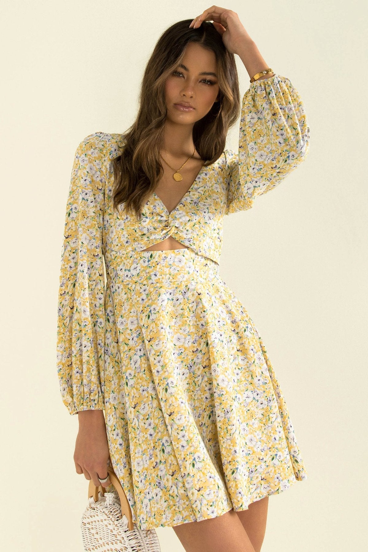 Inner Sunset Floral Smocked Cutout Dress - Sage