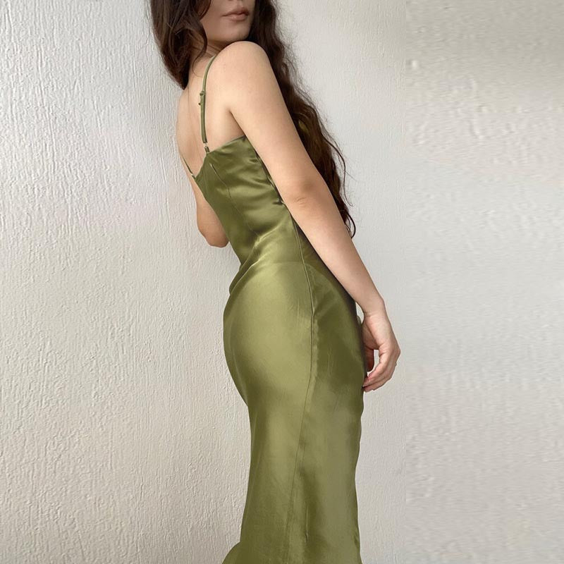 Turn Of Events Satin Midi Slip Dress - Olive