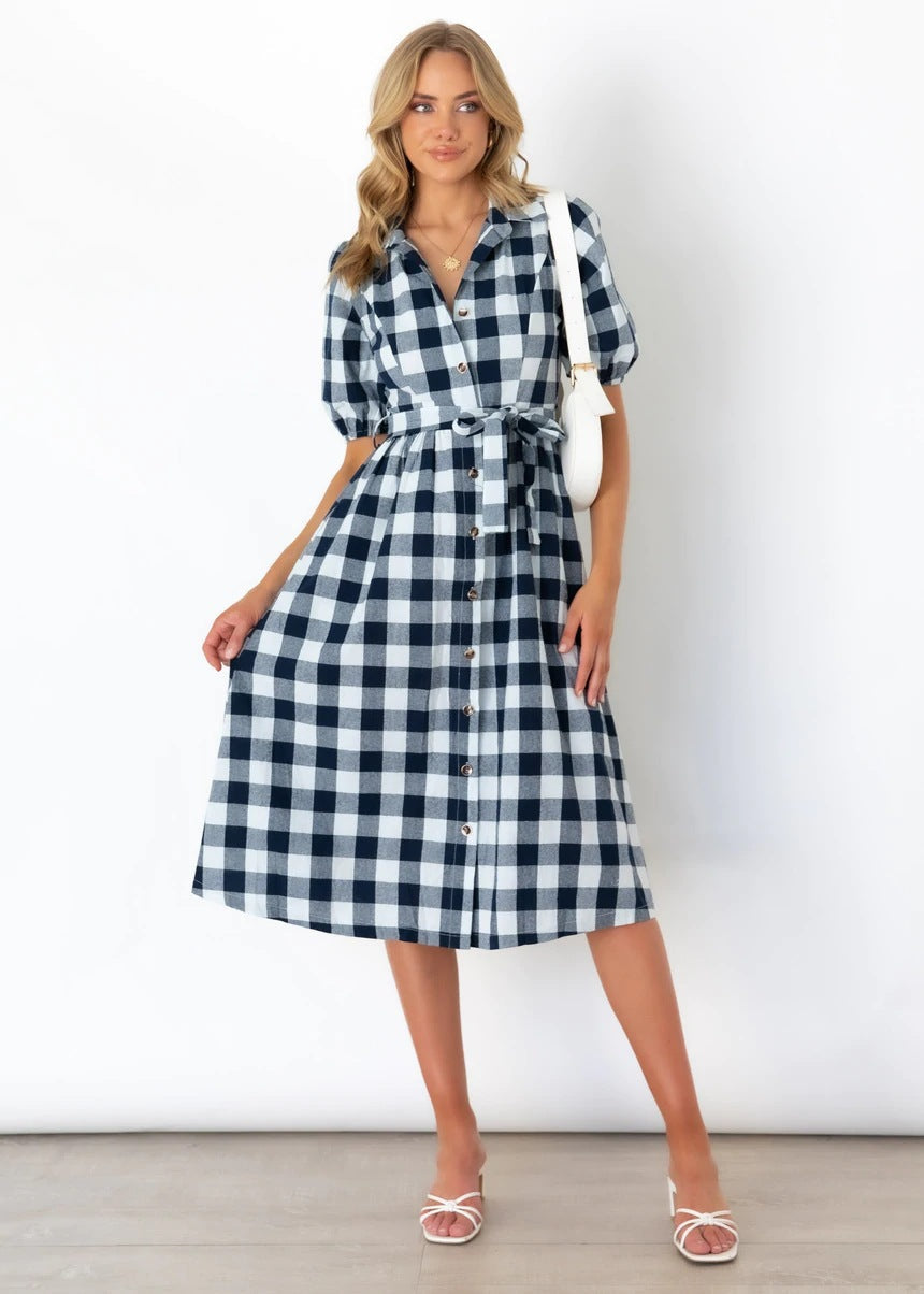 Saturn Pocketed Plaid Button Down Midi Dress