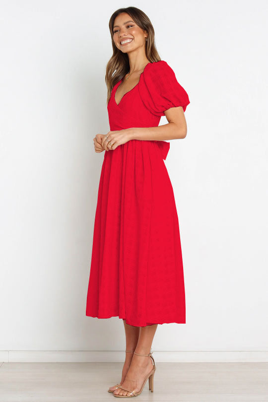 Samantha Puff Sleeve Midi Dress - Cherry Red