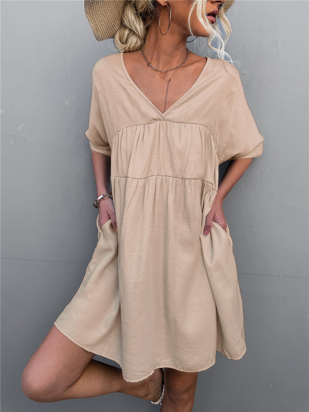 Goodness Cotton Pocketed Babydoll Dress - Khaki