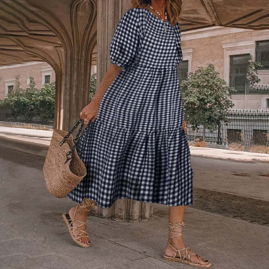 Winifred Pocketed Puff Sleeve Gingham Midi Dress