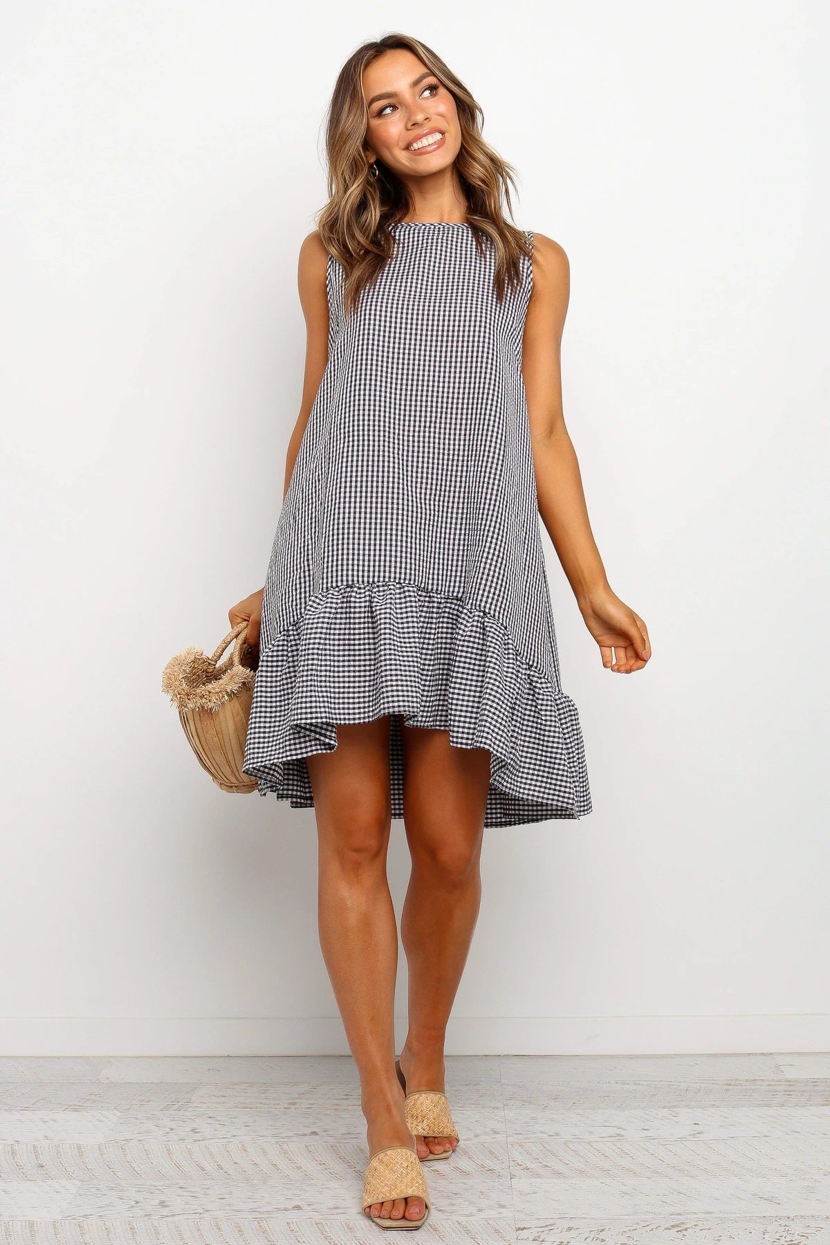 Virna Pocketed Gingham Tiered Babydoll Dress - Black