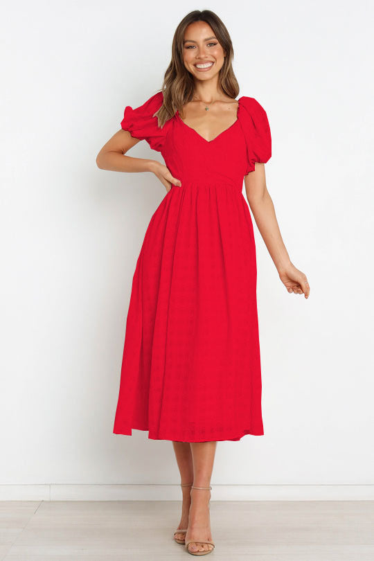 Samantha Puff Sleeve Midi Dress - Cherry Red