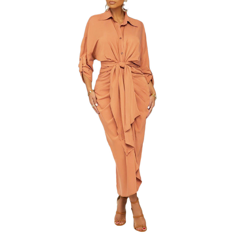 Essence Satin Tie Front Midi Shirt Dress - Orange