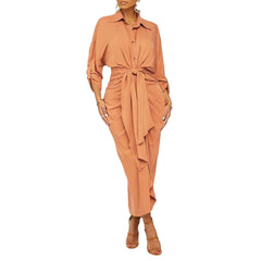 Essence Satin Tie Front Midi Shirt Dress - Orange