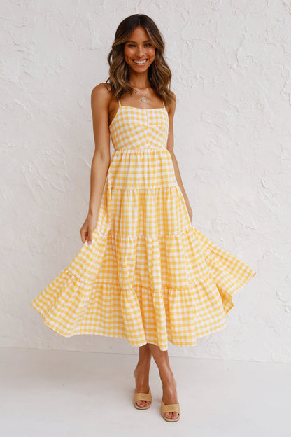 Kinslee Smocked Gingham High Low Maxi Dress - Yellow