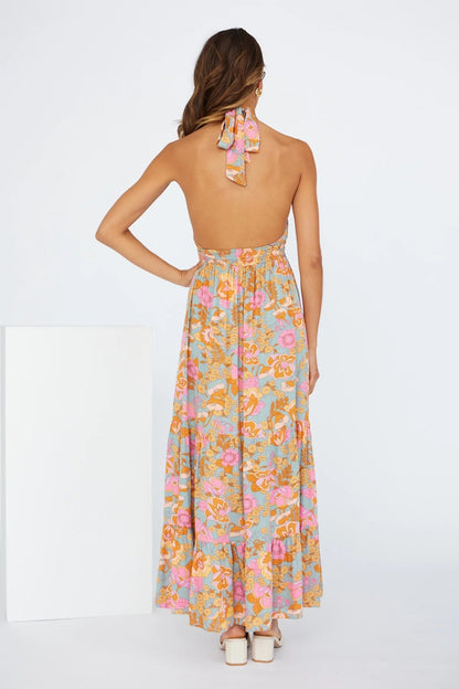 Love Games Printed Backless Halter Maxi Dress