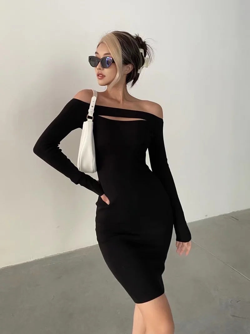 Victory Ribbed Off The Shoulder Midi Dress - Black