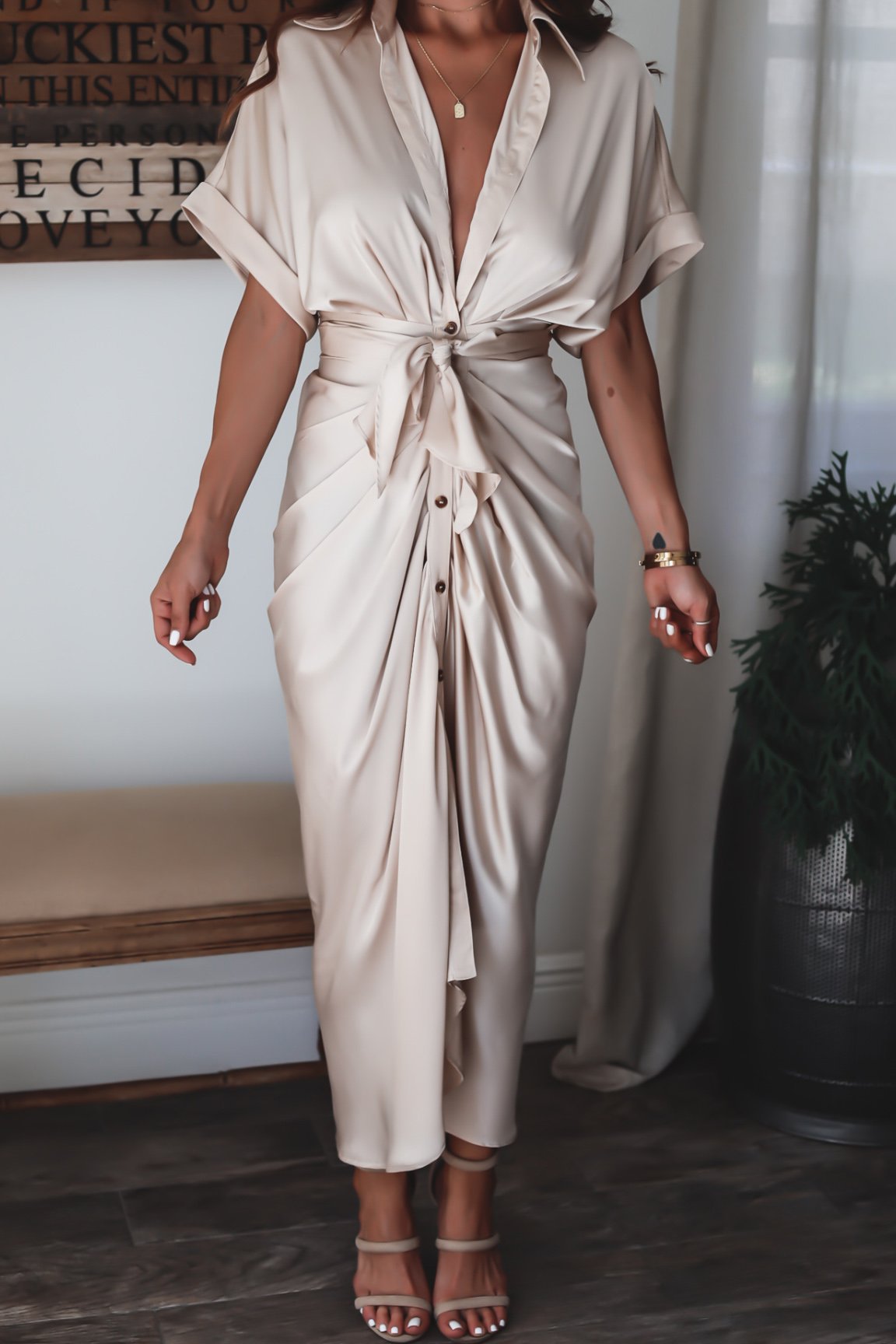 Luv Satin Tie Front Midi Shirt Dress - Champagne