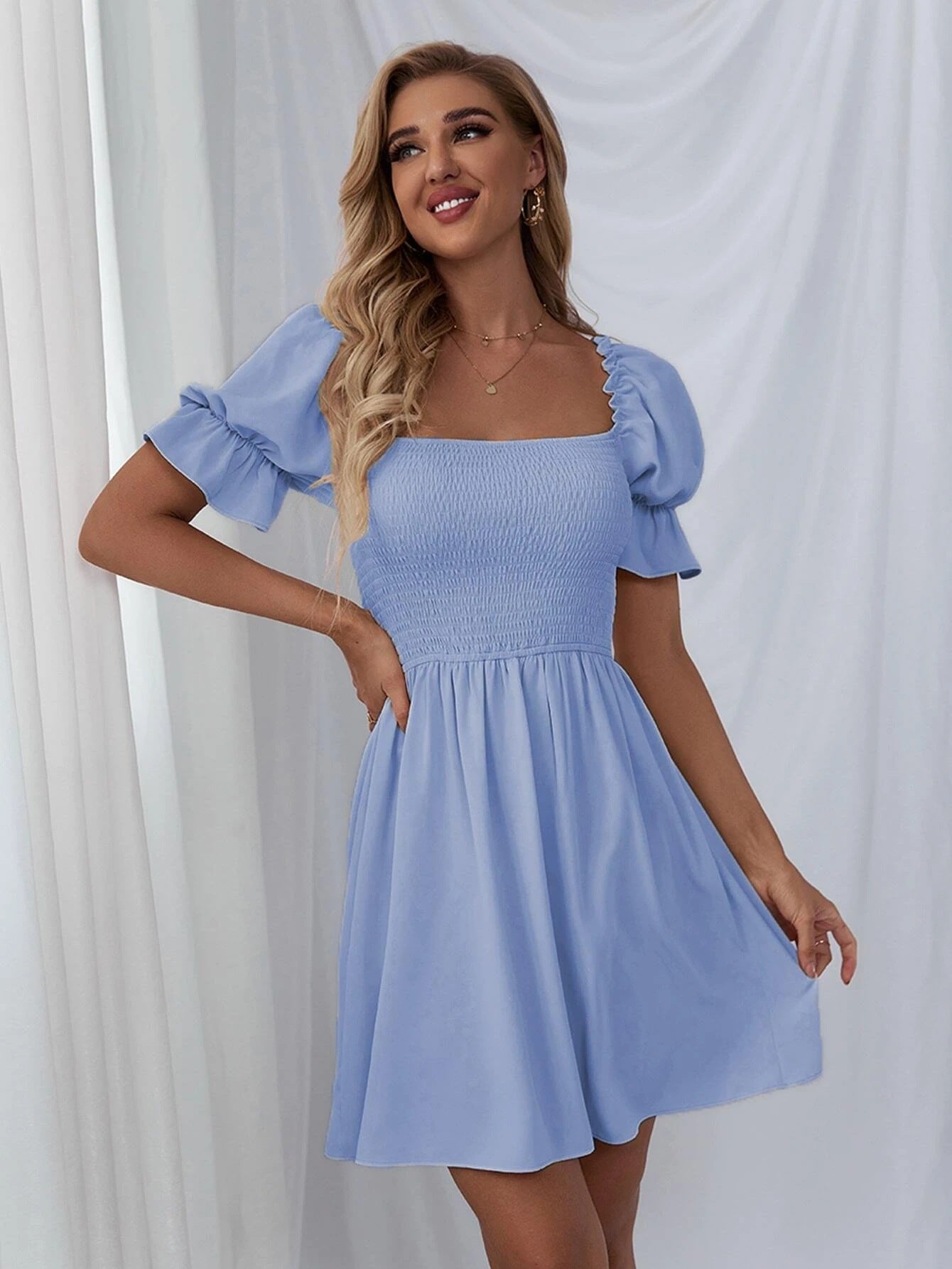 Leroy Linen Blend Puff Sleeve Babydoll Dress - Aqua