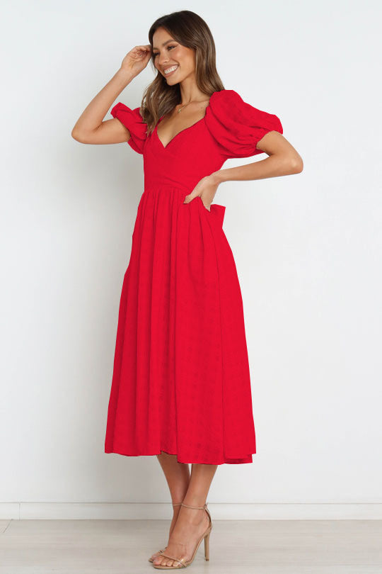 Samantha Puff Sleeve Midi Dress - Cherry Red