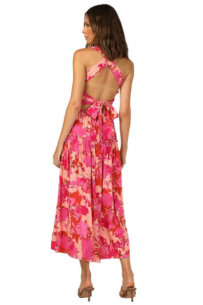 Edris Cotton Floral Tiered Midi Dress - Coral Pink