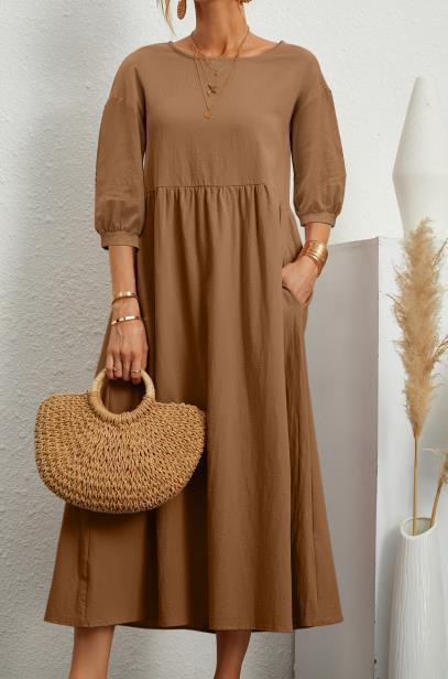 Sosa Cotton Pocketed Puff Sleeve Midi Dress - Brown - FINAL SALE